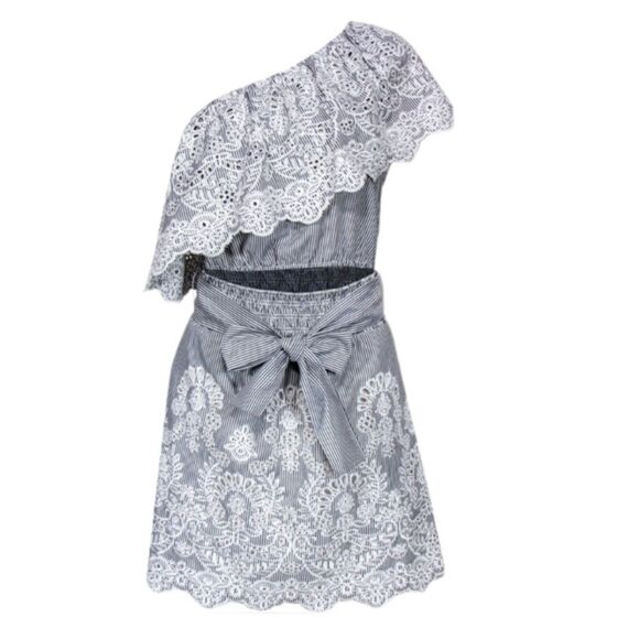 Saylor Grey & White Pinstripe One Shoulder Mini Dress Size Small - Picture 1 of 14